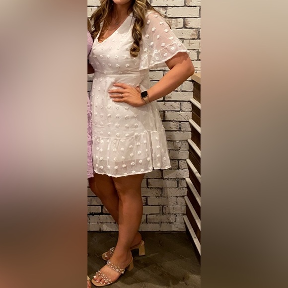 Swiss Dot Dress V-Neck Ruffle Short Sleeve Summer Casual Flowy Shift Mini Dress - Picture 5 of 5